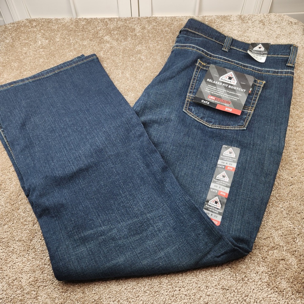 Bulwark FR Relaxed Fit Bootcut Jeans Mens 50x32 Dark Wash CAT2 NFPA 2112 E6151MX